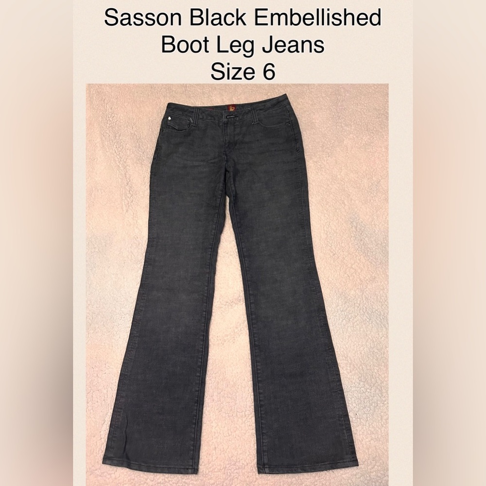 Vintage Sasson Black Embellished Embroidered pockets Bootcut Boogie jeans size 6